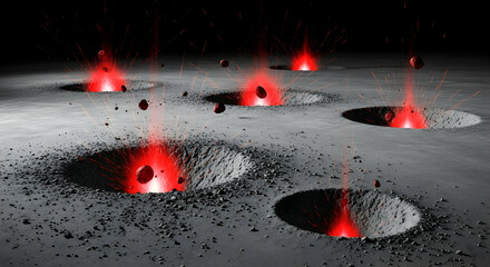 Dramatic Lunar Surface With Red Hot Impact Craters And Debris Field Illustration