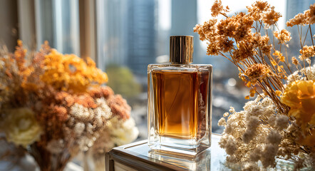 Elegant amber perfume bottle and dried floral arrangement on a glass table near a window with city view