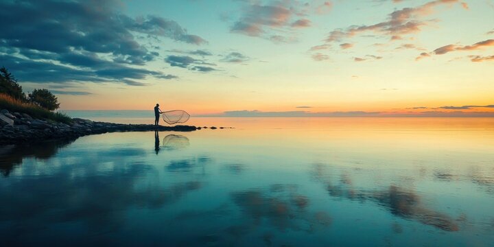 A fisherman casting his net into the calm waters at dawn