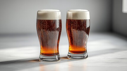 Two glasses of cold beer with frothy heads on a sleek surface, perfect for beer - related designs and summer events.