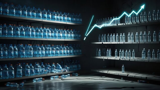 Water bottle sales surge stockroom product display industrial setting side view market trend analysis