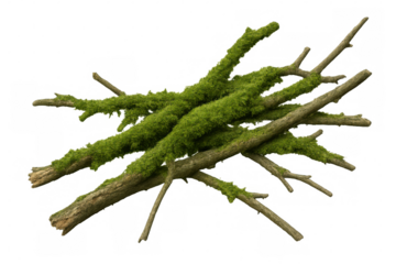 Intertwined branches adorned with moss, isolated on a transparent background, ready for creative projects
