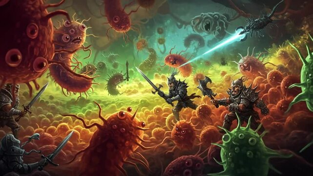 Warriors battling monstrous bacteria and viruses in a microscopic world, using swords and energy beams.