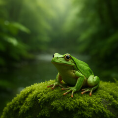 green frog on amossy stone