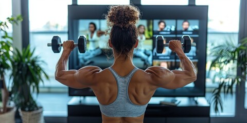 A fitness enthusiast following an online workout on a TV, lifting dumbbells in a bright space