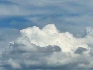 Towering cumulus cloud formation rising against a bright blue sky on a clear day