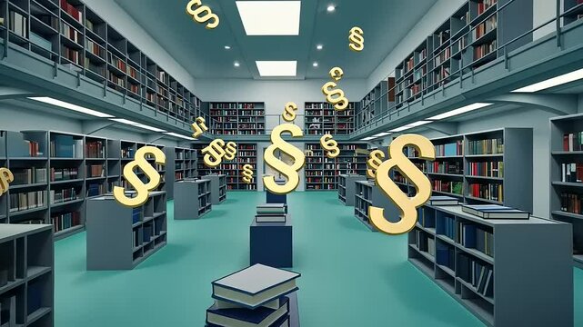 Legal library filled with floating symbols of law