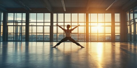 A fitness trainer demonstrating full-body stretches in a spacious gym