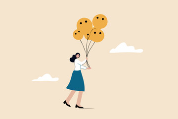 Emotional control and self regulation, stressed management or mental health awareness, feeling and expression concept, calm woman holding balloons with emotion or expression faces, happy, sad or fear.