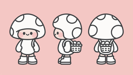 Cute Mushroom Characters Holding Baskets of Eggs and Wearing Overalls