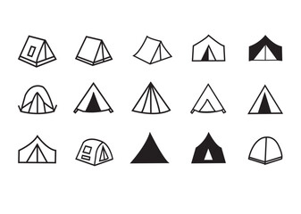 Tent Icon Set. Simple Camping Vector, Outline and Solid Silhouette for Travel and Outdoor Adventure.