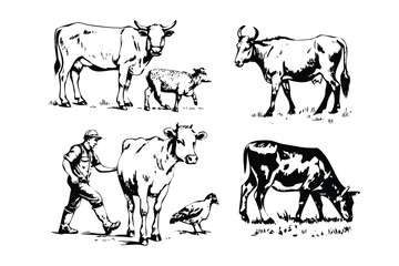 Farmer & Livestock Vector Engraving Set. Detailed Monochrome Rural Life Illustrations. Vintage Agriculture Scene Icons & Symbols