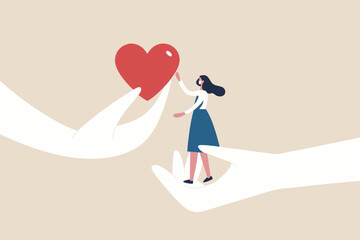 Empathy or sympathy understanding and share feeling with others, support or help community, kindness and compassion concept, supporting hand carry misfortune depressed woman and giving heart shape.