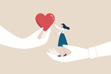 Empathy or sympathy understanding and share feeling with others, support or help community, kindness and compassion concept, supporting hand carry misfortune depressed woman and giving heart shape.