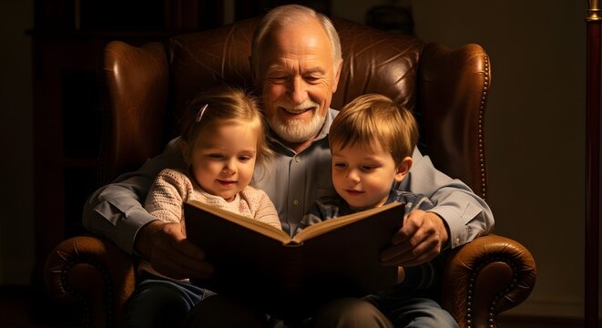 Dia dos pais: grandpa reading with grandkids at home. - Powered by Adobe