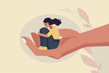 Mental health treatment, care and understanding about depression illness or psychotherapy to protect mental illness concept, warm hand tendering hold depressed solitude girl to solve stress problem.