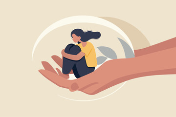 Mental health treatment, care and understanding about depression illness or psychotherapy to protect mental illness concept, warm hand tendering hold depressed solitude girl to solve stress problem.