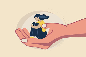 Mental health treatment, care and understanding about depression illness or psychotherapy to protect mental illness concept, warm hand tendering hold depressed solitude girl to solve stress problem.