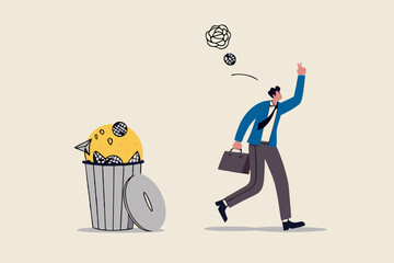 Get rid of work anxiety, stressed and unhappiness emotion, relax to gain happiness concept, happy businessman throw away stressed and anxiety into the bin.