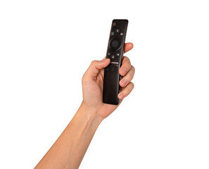 Hand holding remote control isolated on isolated on transparent PNG.