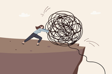 Depression and anxiety caused by stress and pressure, relaxation help relieve stress, overcome frustration, reduce tension and make peaceful life, happy woman push messy chaos stress ball off a cliff.