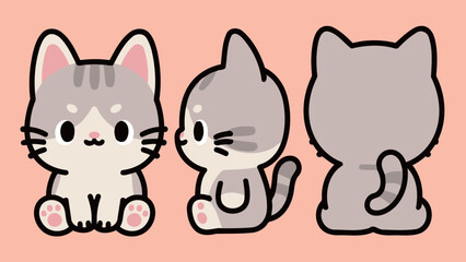 Cute Cartoon Cats in Three Positions facing front side and back