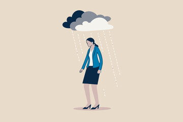 Workload and stress causing depression in office worker, mental illness or disorder in young woman concept, sadness depressed young lady in office uniform with cloud and rain metaphor of mind trouble.