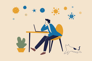 Boredom work from home in Coronavirus outbreak social distancing, stay home, boring low productivity concept, office guy working at home with computer laptop boring with COVID-19 virus pathogen.