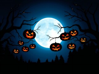 Spooky jack o lanterns hanging from bare trees under a full moon