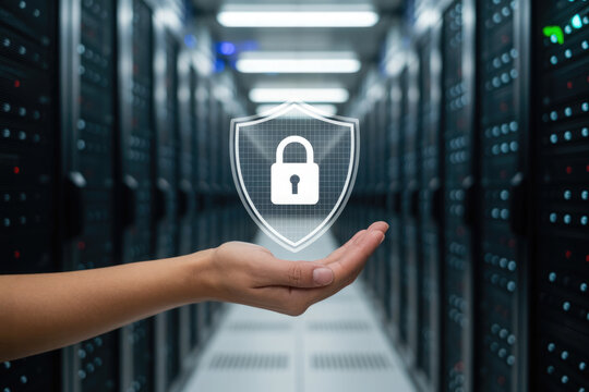 Hand holding digital shield with padlock over server room for data security concept