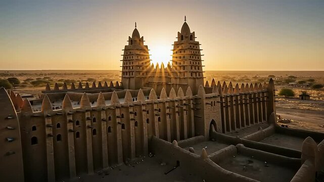 Majestic Sunset Over Ancient Mud Mosque in Mali