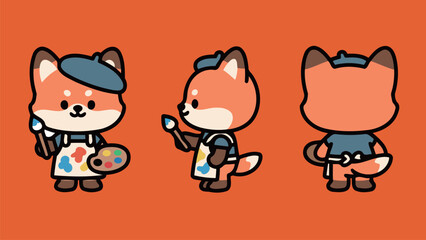 Artistic Foxes Wearing Berets and Holding Paintbrushes and Palette
