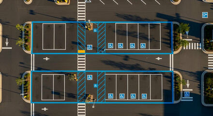 Aerial Perspective Of Parking Lot With Disabled Parking Spaces And Zebra Crossings