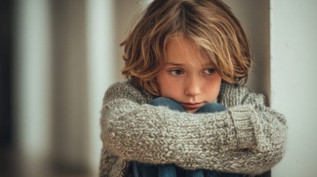A 9-year-old child sitting in a cozy corner, hugging knees, eyes downcast with tearful expression