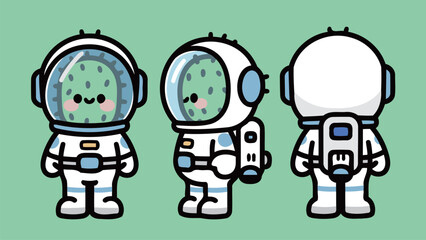 Cute Astronaut Cacti Characters in Space Suits with Friendly Expressions and Fun Accessories