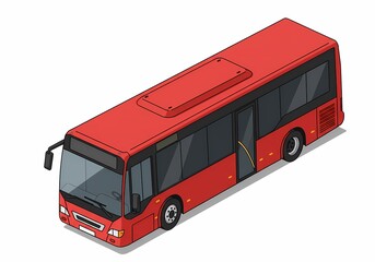 Red Isometric Bus, Public Transportation Vehicle on White Background