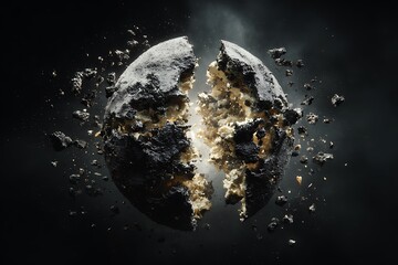 A dramatic explosion of a dark, rocky planet or asteroid showcasing debris and internal structure, creating a visual of destruction and celestial power.