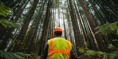 A forestry worker wearing safety gear, inspecting tall trees in a dense forest