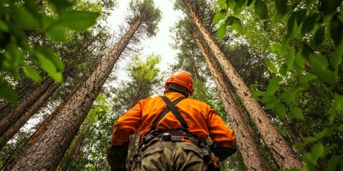 A forestry worker wearing safety gear, inspecting tall trees in a dense forest