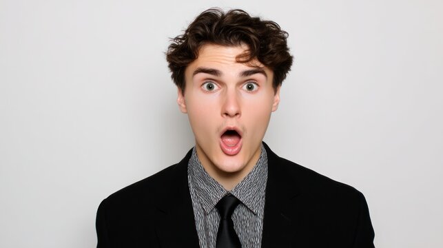 Businessman in suit with raised eyebrows and shocked expression, white seamless background, perfect for reaction concepts