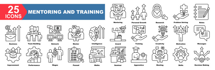 mentoring and training icon collection set.Mentoring,Personal Growth,Research,Problem Solving,Notes,Business,Team Building.Simple line vector.
