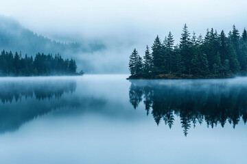 Fototapeta premium Misty Lake Landscape with Pine Trees and Tranquil Water Reflection
