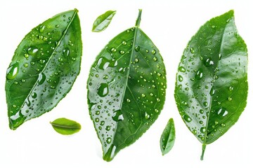Citrus leaves with drops isolated on a white background. Collection. Full depth of field