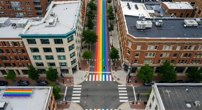 Aerial View Of A City Street Painted With The Colors Of The Rainbow Pride Flag