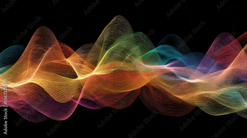 Poster Multi-layered, colorful waveform lines overlapping in smooth oscillating patterns on black.
