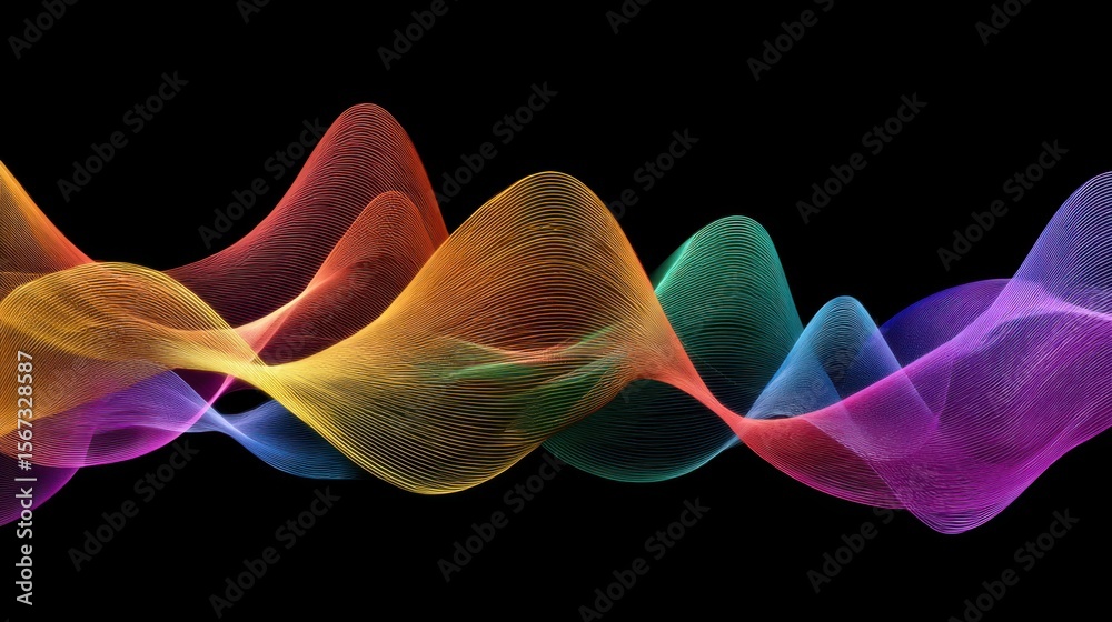 Poster Multi-layered, colorful waveform lines overlapping in smooth oscillating patterns on black.