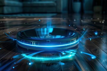 high definition view of Robot vacuum cleaner with remote control, housework technology.