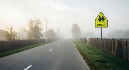 Eerie Fog Enveloping School Zone Sign Along A Quiet Asphalt Roadway