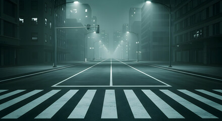 Eerie Fog Embraces The City Streets At Night With Empty Crosswalk