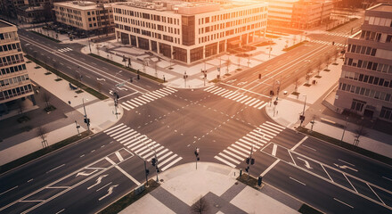 Fototapeta premium Aerial View Of A Modern Urban Intersection At Sunset With Empty Roads
